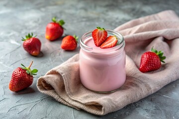 Wall Mural - A healthy, healthy breakfast. Homemade strawberry yogurt with fresh strawberries, vintage spoon and towel on a stylish gray background.