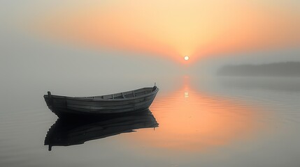 Wall Mural - A lone boat floating on a calm lake, its silhouette mirrored in the still waters below.