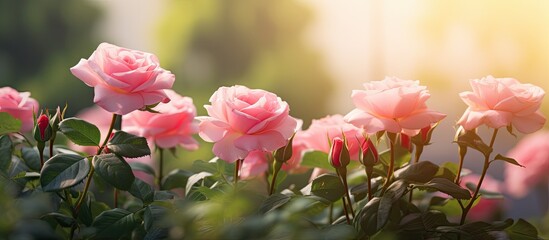 Wall Mural - A serene green garden where stunning pink roses bloom depicted in a softly tinted copy space image with a blurred background for emphasis