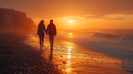 A couple walking hand in hand along a beach, their silhouettes cast by the setting sun.