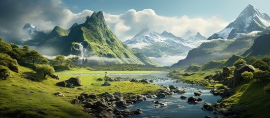 Wall Mural - A charming moss covered island nestled amid a fast flowing mountain river with ample space for a desired image capture