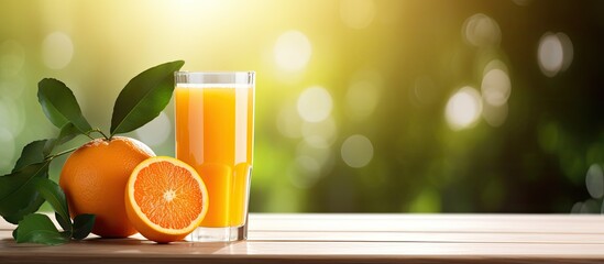 Canvas Print - Bright orange and a glass of fresh orange juice with a leaf on a wooden table under sunlight offering a soft focus in a copy space image