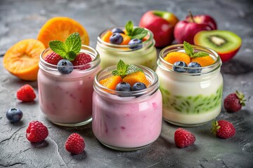Wall Mural - A healthy, healthy breakfast. A variety of homemade yogurt with various fresh berries and fruits in glass jars on a stylish gray background.