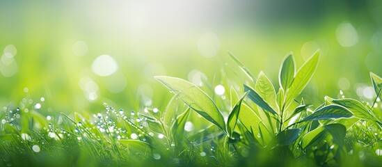 Poster - Fresh summer plants with dew covered green wet grass glistening in sunlight creating a picturesque scene with a copy space image