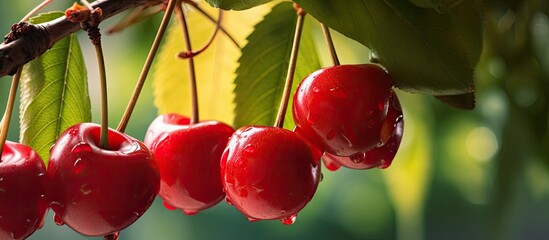 Wall Mural - detailed shot of ripe red cherries on a tree with a copyspace image