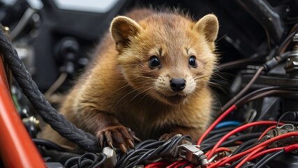 Wall Mural - Marten bites into cables in the engine compartment