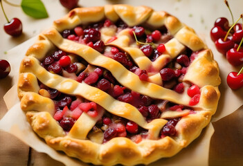 Wall Mural - A close-up of a freshly baked cherry pie on a parchment paper