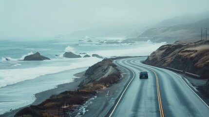 Wall Mural - Scenic coastal highway road trip with crashing waves. Winding road along coastline, blue ocean water, and dramatic cliffs.
