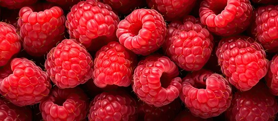 Close up top view of a delicious raspberry heap forming a textured background with copy space image