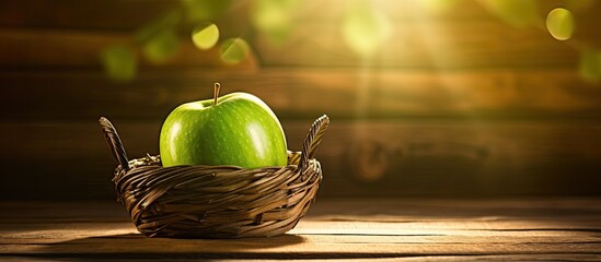 Wall Mural - green apple illuminated by sunlight in a basket with a wooden background featuring copy space image
