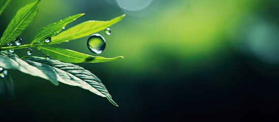 A raindrop on a plant s tip with a lovely blurred background creating a stunning copy space image