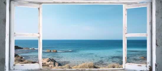 Canvas Print - An old disaffected window frames a picturesque view of the sea with copy space image