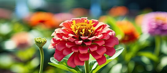 Wall Mural - Close up of a gorgeous zinnia flower in a summer garden with copy space image