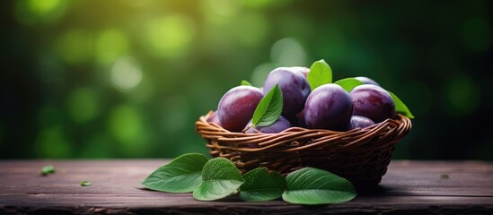 Canvas Print - Plums displayed in a basket with a half plum on a wooden table surrounded by green leaves ideal for a copy space image