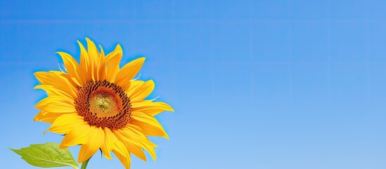 Poster - A vibrant sunflower set against a clear blue sky background provides a striking copy space image