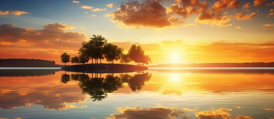 Wall Mural - Sunset scene overlooking a tranquil riverside with a reflection on the water ideal for a copy space image