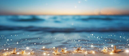 Sticker - Sandy beach and ocean waves with bokeh lights create a scenic background image with copy space