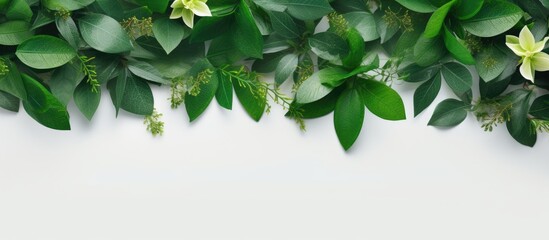 Wall Mural - Nature inspired flat lay creative layout featuring green leaves and flowers creating a refreshing concept with copy space image