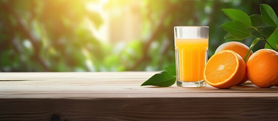 Sticker - Bright orange and a glass of fresh orange juice with a leaf on a wooden table under sunlight offering a soft focus in a copy space image