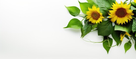 Poster - copy space image of a sunflower and green leaves against a white backdrop