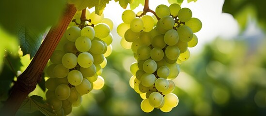 Canvas Print - Close up image of green and white grapes on a vine in a grape garden with a shallow depth of field and selective focus for a copy space image Handled branch of ripe grapes for harvesting