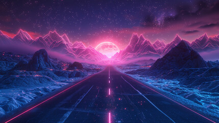 A nocturnal synthwave scene featuring a deserted highway stretching into the distance, lined with glowing neon signs and surrounded by a dark, mysterious landscape illuminated by neon hues