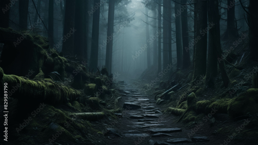 Misty forest path with dense trees, covered in moss and rocks, creating ...