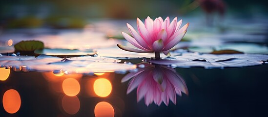 A beautiful water lily floating in a serene pond with vibrant colors and delicate petals providing a stunning copy space image
