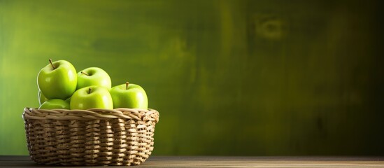 Wall Mural - green apple illuminated by sunlight in a basket with a wooden background featuring copy space image