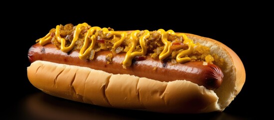 Bratwurst is a type of pork sausage served in a hot dog bun with mustard ketchup and sauerkraut It is a classic American ballpark concession stand item associated with baseball games showing a copy sp