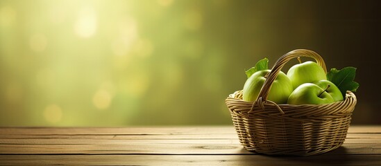 Wall Mural - green apple illuminated by sunlight in a basket with a wooden background featuring copy space image