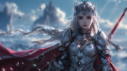 Fantasy princess warrior girl background, wearing metal medieval armor dress with sword. Surreal lofi anime style 3d illustration, futuristic castle landscape, fairy tale adventure story book cover.