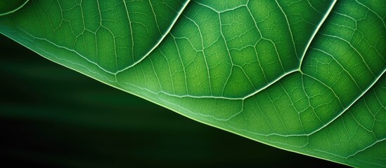 Poster - detailed close up photo of a plumeria leaf showcasing its intricate vein pattern with ample copy spa