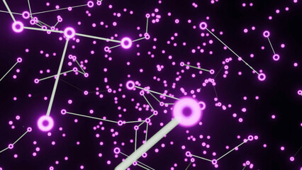 Poster - Chains of molecules in stream. Design. Interweaving of particles in moving stream. Stream of luminous molecules with changing connections of biological chains