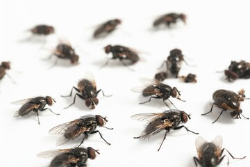 Dead Flies Isolated on White Background. Close-up of Housefly Insects in House Concept