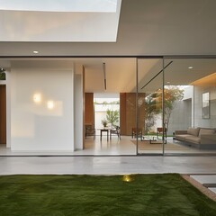 a large open house with a glass door leading to a grassy area