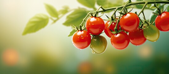 Wall Mural - Branch with ripe cherry tomatoes Tomatoes on vine with copy space image