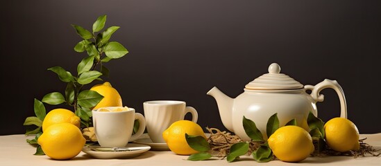 Sticker - Tea set with lemon design perfect for teatime with copy space image