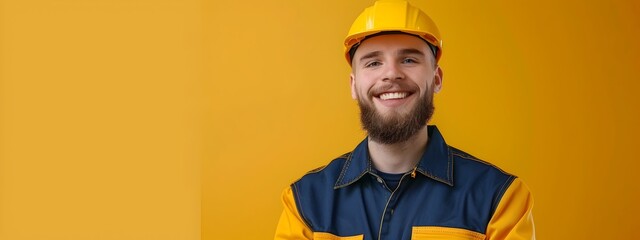 Wall Mural - Young Director of Maintenance Exudes Happiness While Expertly Tackling Responsibilities on Color Background