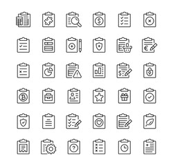 Clipboard icon set. Vector line icons. Black outline stroke symbols