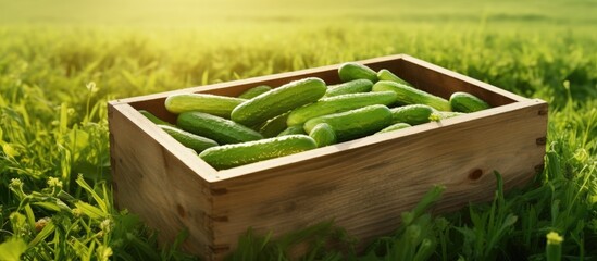 Wall Mural - Crisp cucumbers displayed in wooden box on lush grass with copy space image