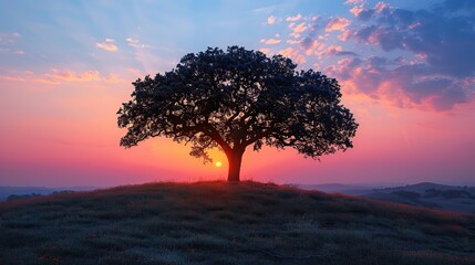 Wall Mural - A lone tree on a hill, its silhouette against the twilight sky.