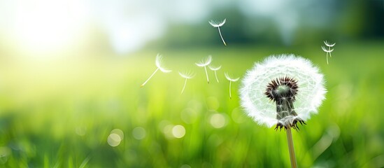 Poster - Mature dandelion with white seeds on blurred grass background represents spring time in a copy space image