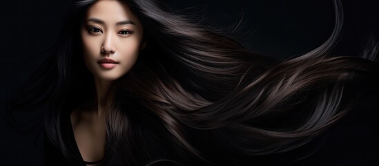 Poster - Capturing the essence of elegant Asian women in a black top with flowing long hair in a portrait with a blank background for text or design insertion. Copy space image