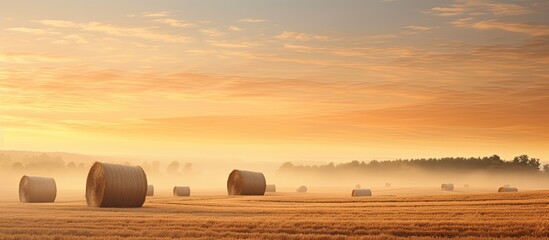 Wall Mural - Summer morning landscape at sunrise with mist stacks of straw in the distant fog and sunlight refracting offering a serene copy space image