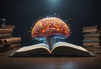 A brain floating above an open book with glowing pages, symbolizing the illumination of knowledge and inspiration, with a dark background.