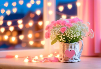 Wall Mural - A pink wicker heart with a bouquet of white gypsophila in front of a window with natural light and bokeh lights in the background