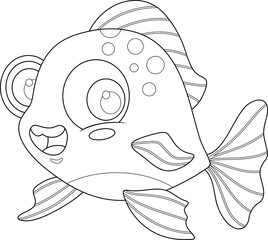Wall Mural - Outlined Cute Sea Fish Cartoon Character. Vector Hand Drawn Illustration Isolated On Transparent Background