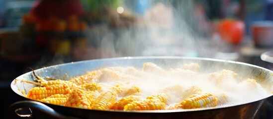 Sticker - Street food A copy space image of freshly cooked corn with steam rising from the pan