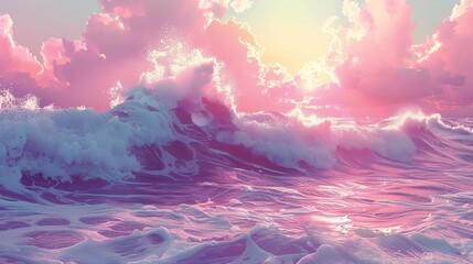 A stunning view of a vibrant pink sunset over the ocean, with waves crashing and colorful clouds in the sky. Perfect for serene atmosphere.